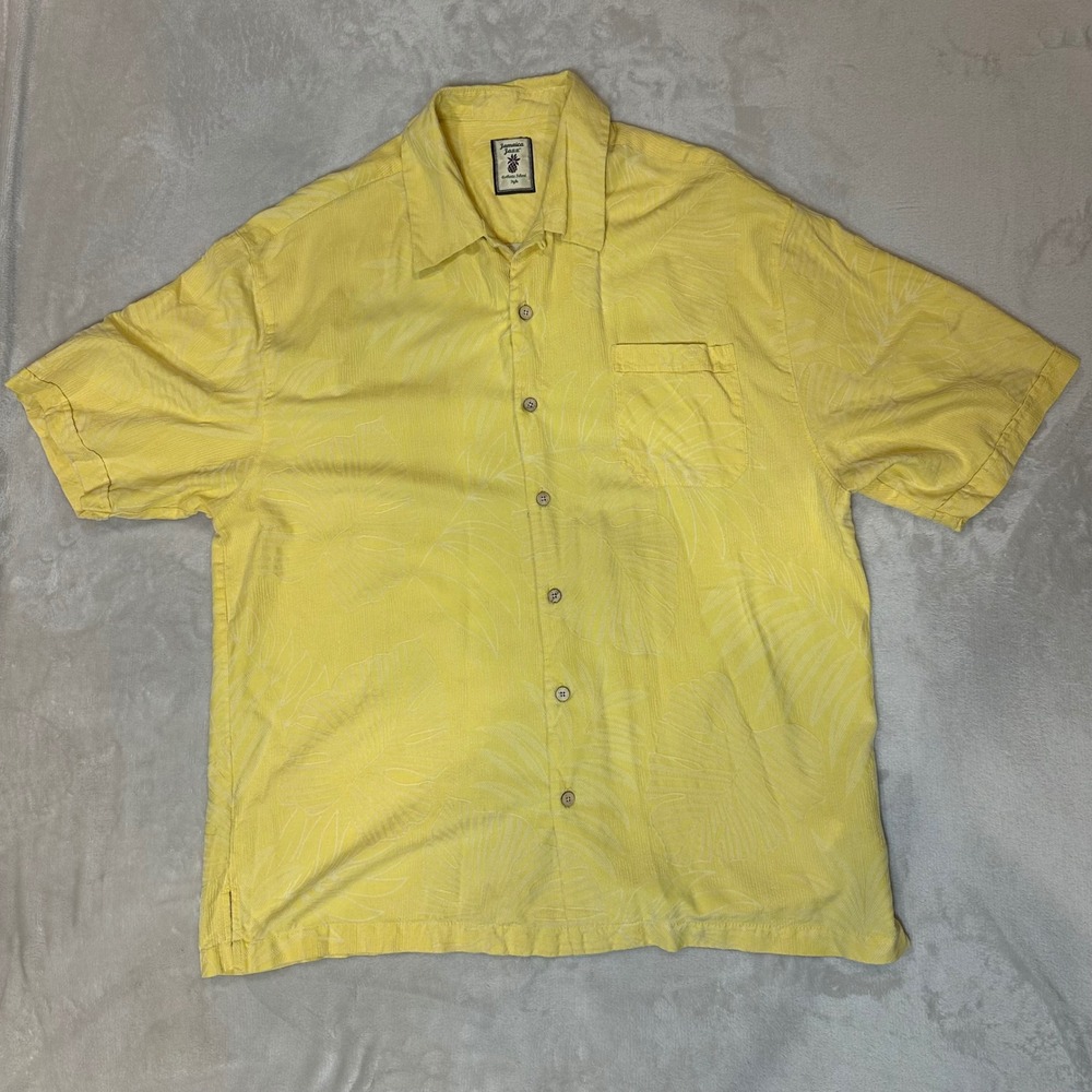 Jamaica Jaxx Mens XL Yellow 100% Silk Jacquard Leaf Short Sleeve Button‎ Shirt